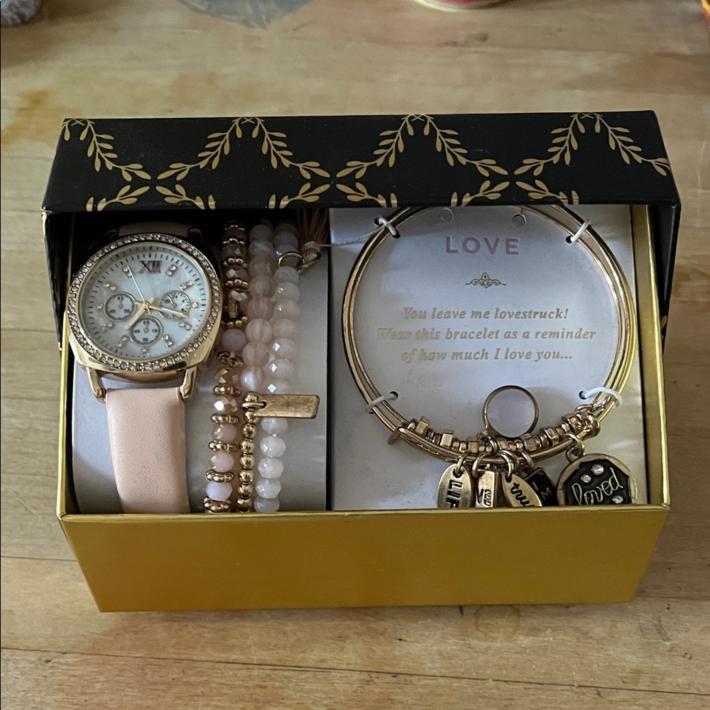 Gold and Pink Watch and Bracelet Set